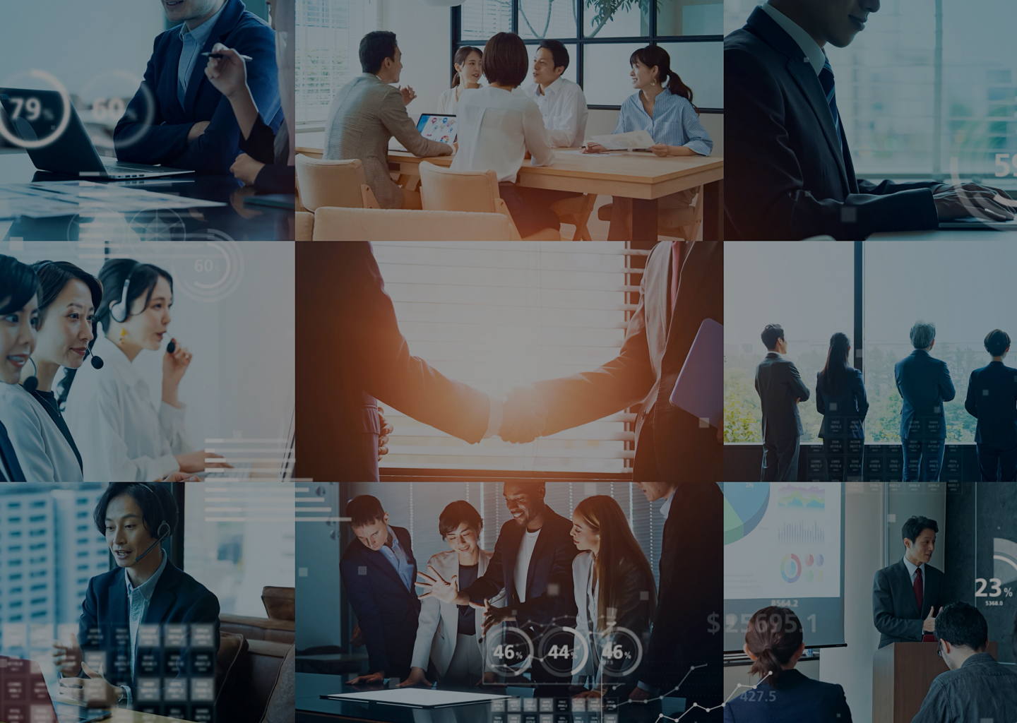 ヒーローイメージ。会社で働く社員の様子のコラージュイメージ。